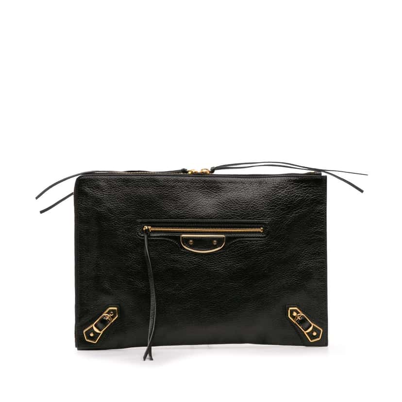 Balenciaga Goatskin Motocross Classic Metallic Edge Clutch Black Leather Good condition - Front View