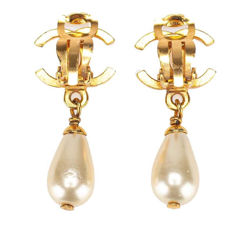 Chanel Gold Plated CC Faux Pearl Drop Clip on Earrings Gold Metal Good condition - Back View