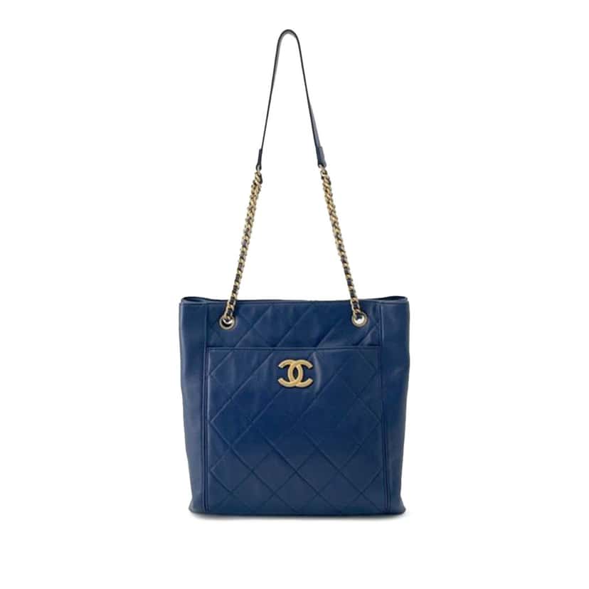 Chanel CC Quilted Calfskin Front Pocket Shopping Bag Blue Leather Good condition - Front View