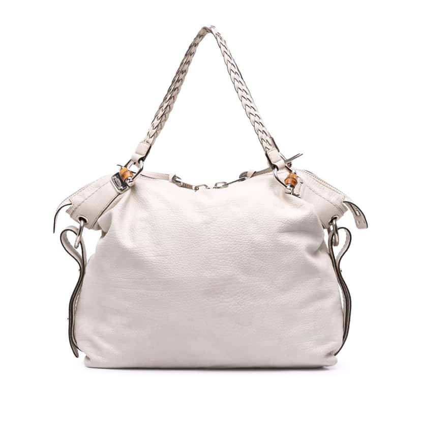 Gucci Large Pebbled Calfskin Bamboo Bar Tassel Tote White Leather Good condition - Front View