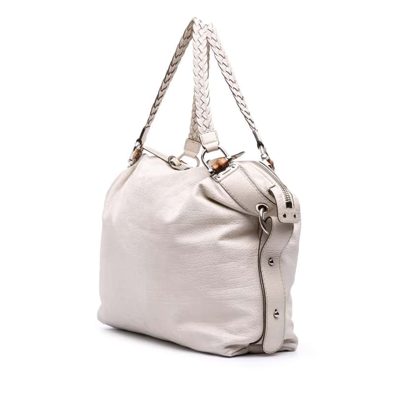 Gucci Large Pebbled Calfskin Bamboo Bar Tassel Tote White Leather Good condition - Back View