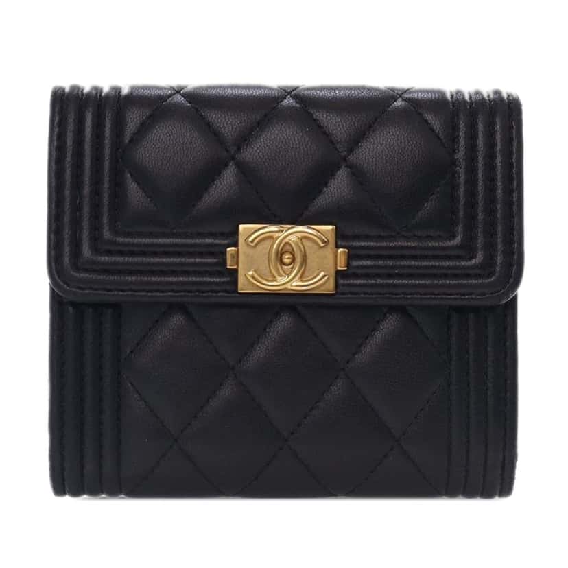 Chanel Lambskin Boy Flap Compact Wallet Black Leather Good condition - Front View