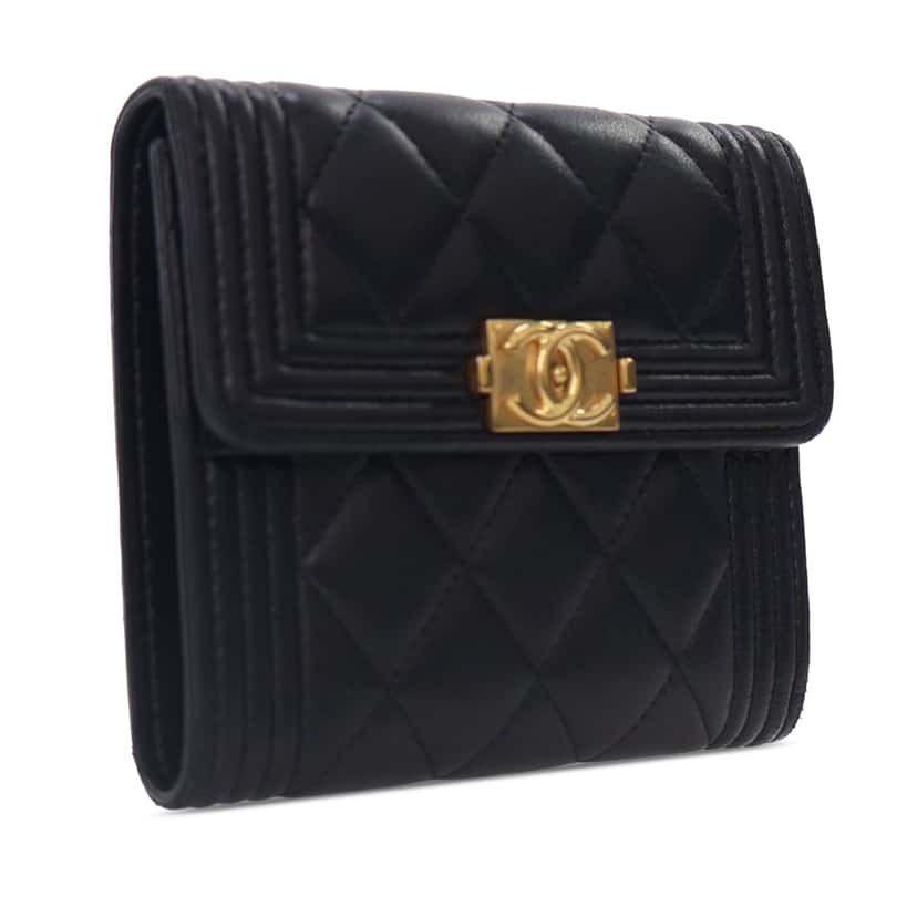 Chanel Lambskin Boy Flap Compact Wallet Black Leather Good condition - Back View