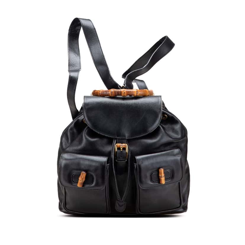 Gucci Calfskin Bamboo Drawstring Backpack Black Leather Good condition - Front View