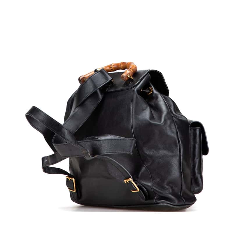 Gucci Calfskin Bamboo Drawstring Backpack Black Leather Good condition - Back View