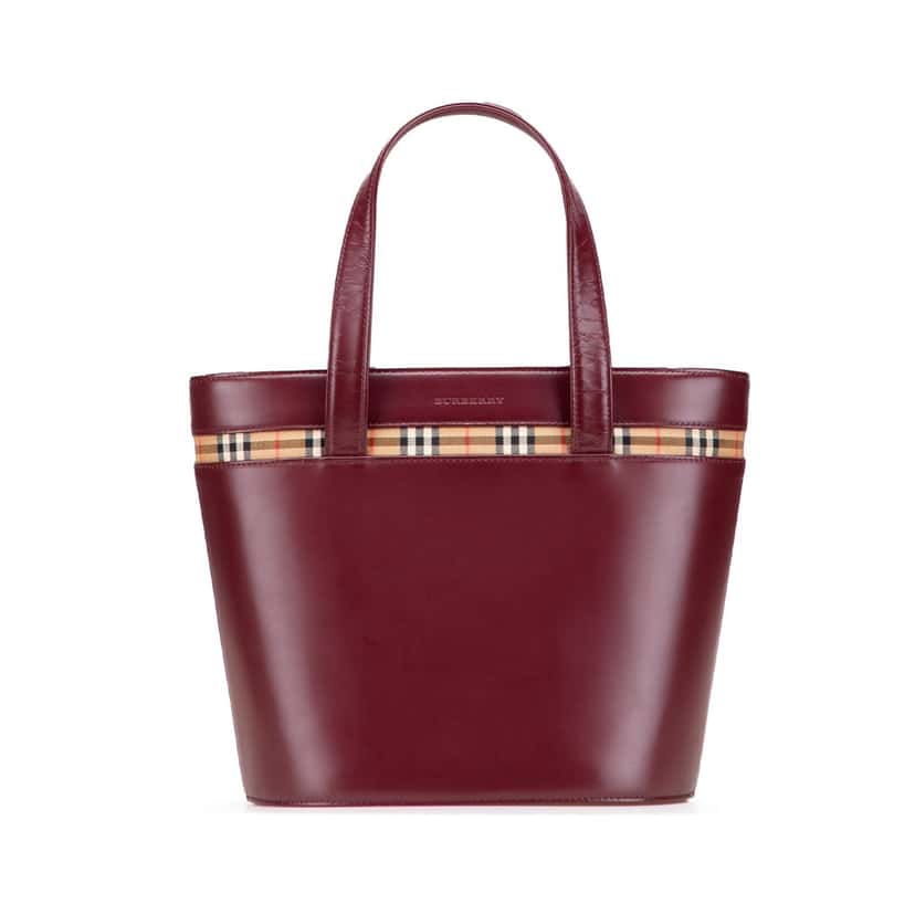 Burberry House Check Canvas Trimmed Leather Handbag Red Leather Good condition - Front View