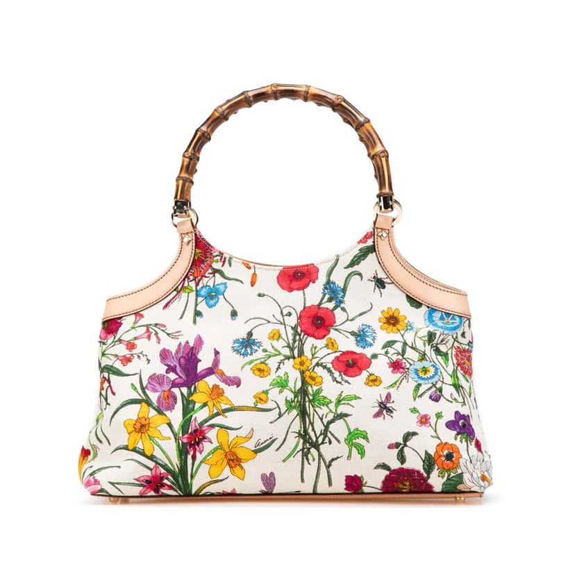 Gucci Flora Canvas Bamboo Handbag White Canvas Good condition - Front View