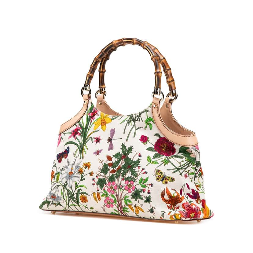 Gucci Flora Canvas Bamboo Handbag White Canvas Good condition - Back View