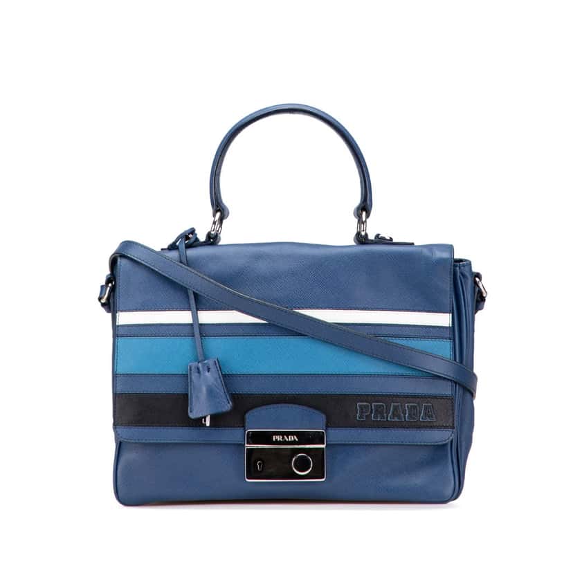 Prada Saffiano Righe Sound Lock Satchel Blue Leather Good condition - Front View