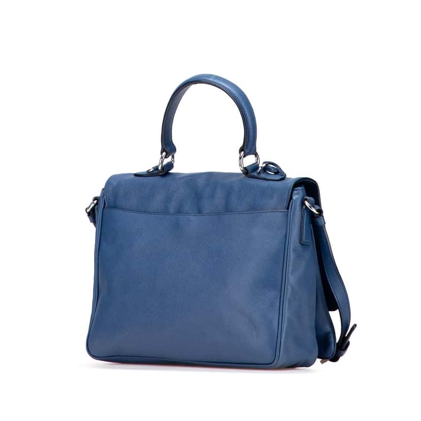 Prada Saffiano Righe Sound Lock Satchel Blue Leather Good condition - Back View
