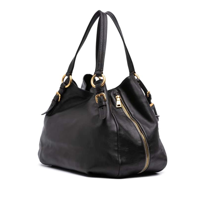 Prada Vitello Daino Side Zip Tote Black Leather Good condition - Back View