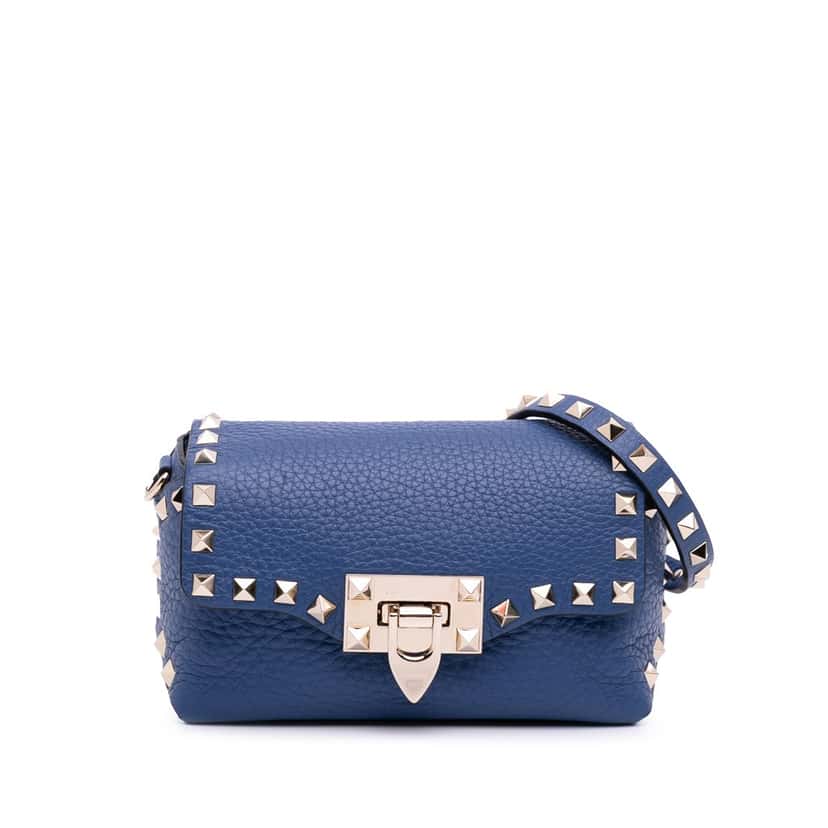 Valentino Mini Pebbled Calfskin Rockstud Flap Crossbody Blue Leather Good condition - Front View