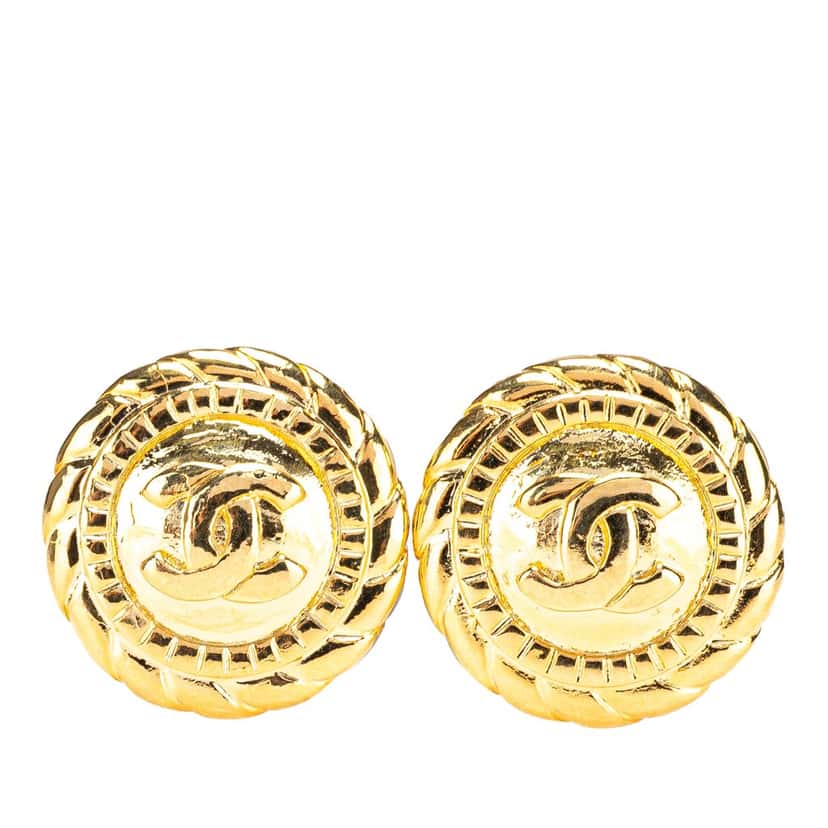 Chanel Gold Plated CC Button Clip on Earrings Gold Metal Good condition - Front View