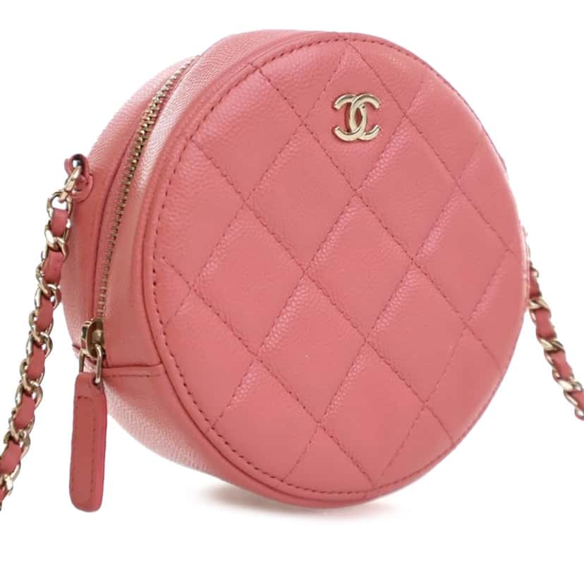 Chanel Quilted Caviar Round Clutch With Chain Pink Leather Good condition - Back View