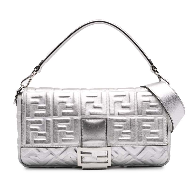Fendi Large Zucca Embossed Baguette Satchel Silver Leather Good condition - Front View