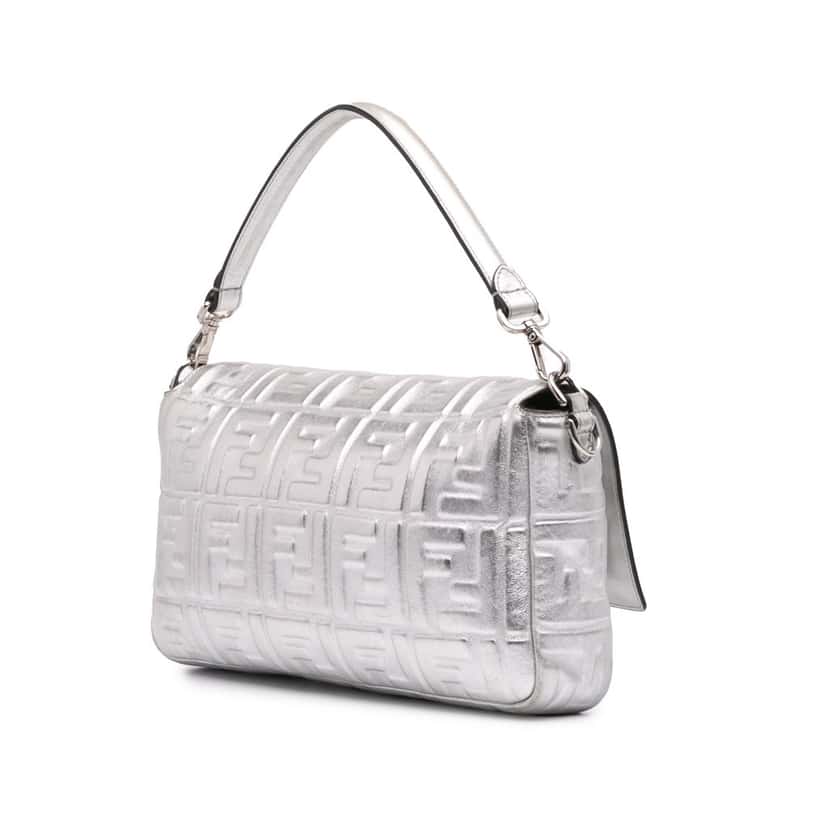 Fendi Large Zucca Embossed Baguette Satchel Silver Leather Good condition - Back View