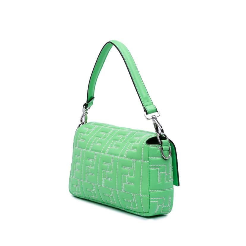 Fendi Zucca Embossed Stitched Leather Baguette Satchel Green Leather Good condition - Back View