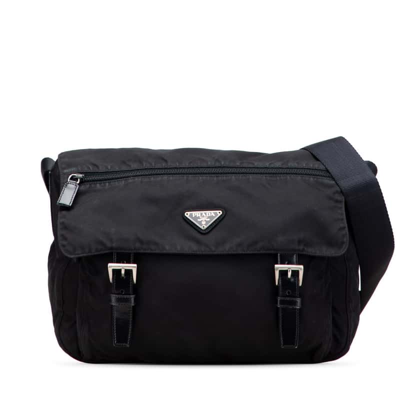 Prada Tessuto Zip Double Buckle Messenger Bag Black Good condition - Front View