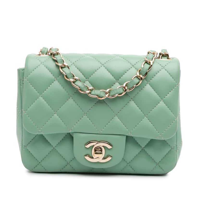 Chanel Mini Square Classic Lambskin Single Flap Green Leather Good condition - Front View