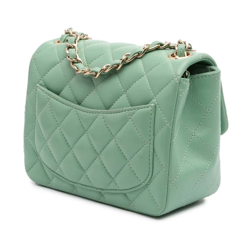 Chanel Mini Square Classic Lambskin Single Flap Green Leather Good condition - Back View