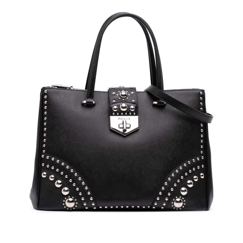 Prada Saffiano Turnlock Double Zip Studded Tote Black Leather Good condition - Front View
