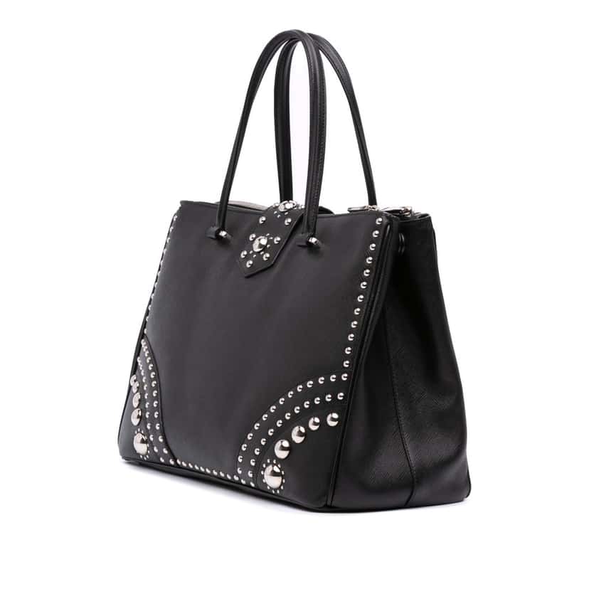 Prada Saffiano Turnlock Double Zip Studded Tote Black Leather Good condition - Back View