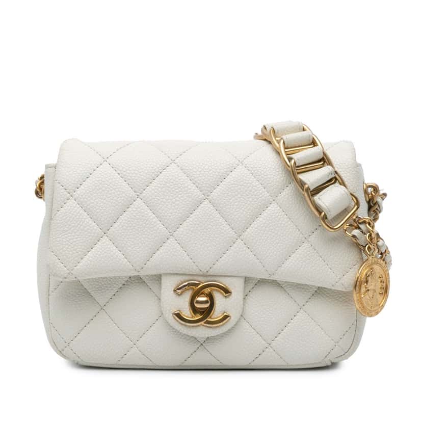 Chanel Mini Quilted Caviar Chain Soul Flap White Leather Good condition - Front View