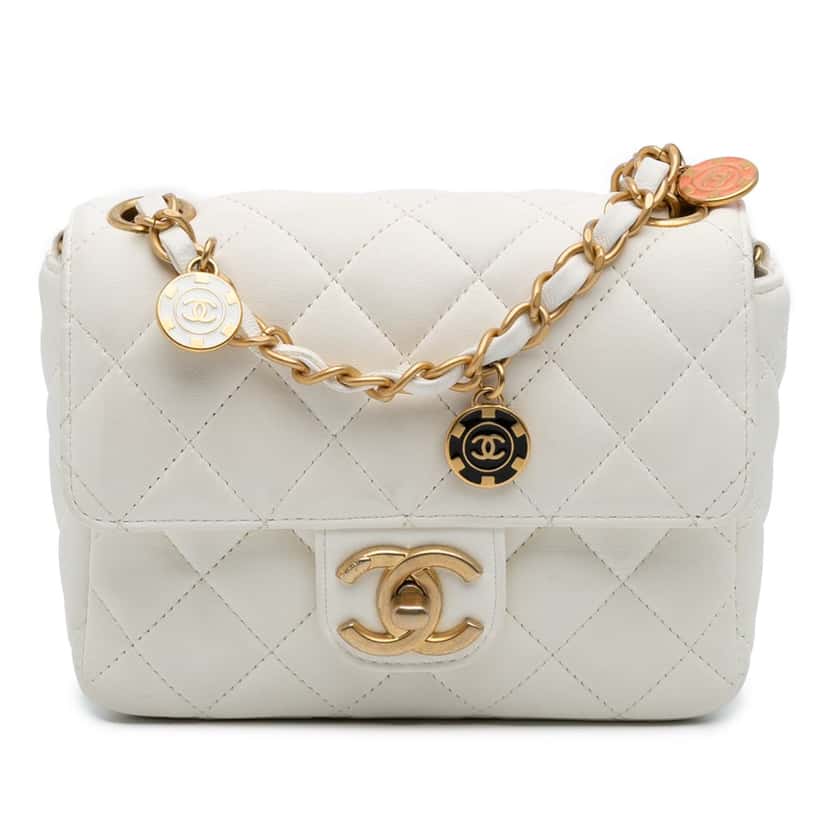 Chanel Mini Square Classic Lambskin Casino Royale Charms Single Flap White Leather Good condition - Front View