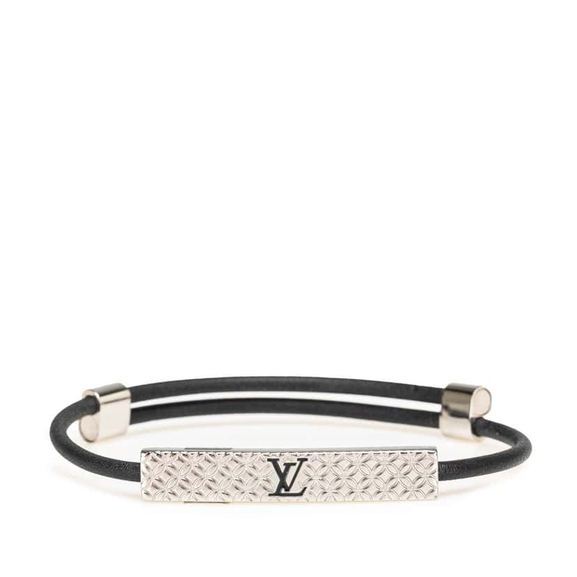 Louis Vuitton Palladium Plated Champs Elysees Bracelet Black Leather Good condition - Front View