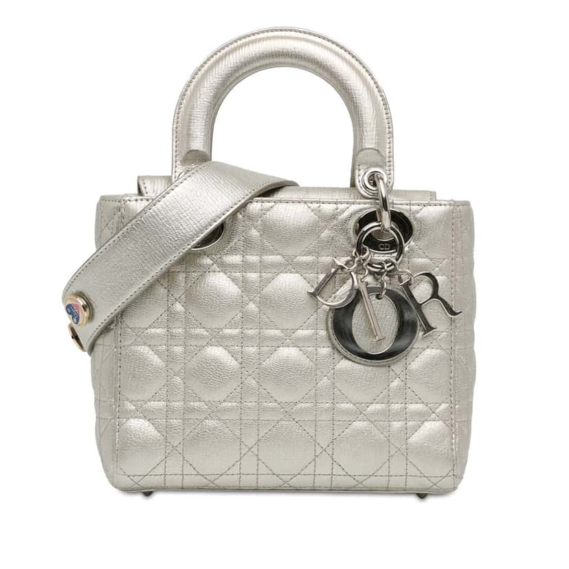 Dior Small Metallic Grained Calfskin Cannage My ABCDior Lady Dior Silver Leather Good condition - Front View