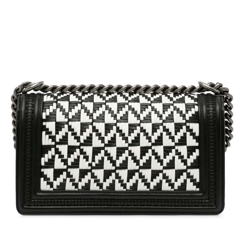 Chanel Old Medium Bicolor Woven Calfskin Boy Flap Black Leather Good condition - Inside View