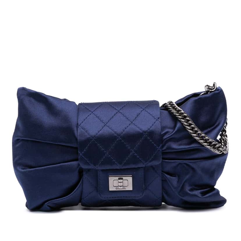 Chanel CC Satin Bow Clutch with Chain Blue Satin Good condition - Front View
