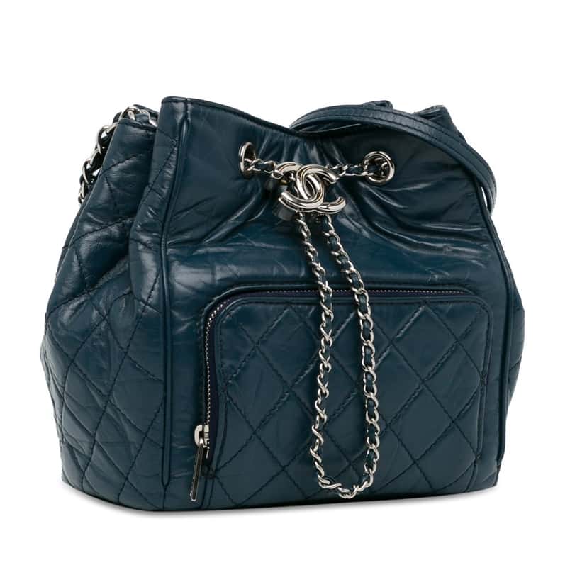 Chanel Aged Calfskin Drawstring Bucket Blue Leather Good condition - Back View
