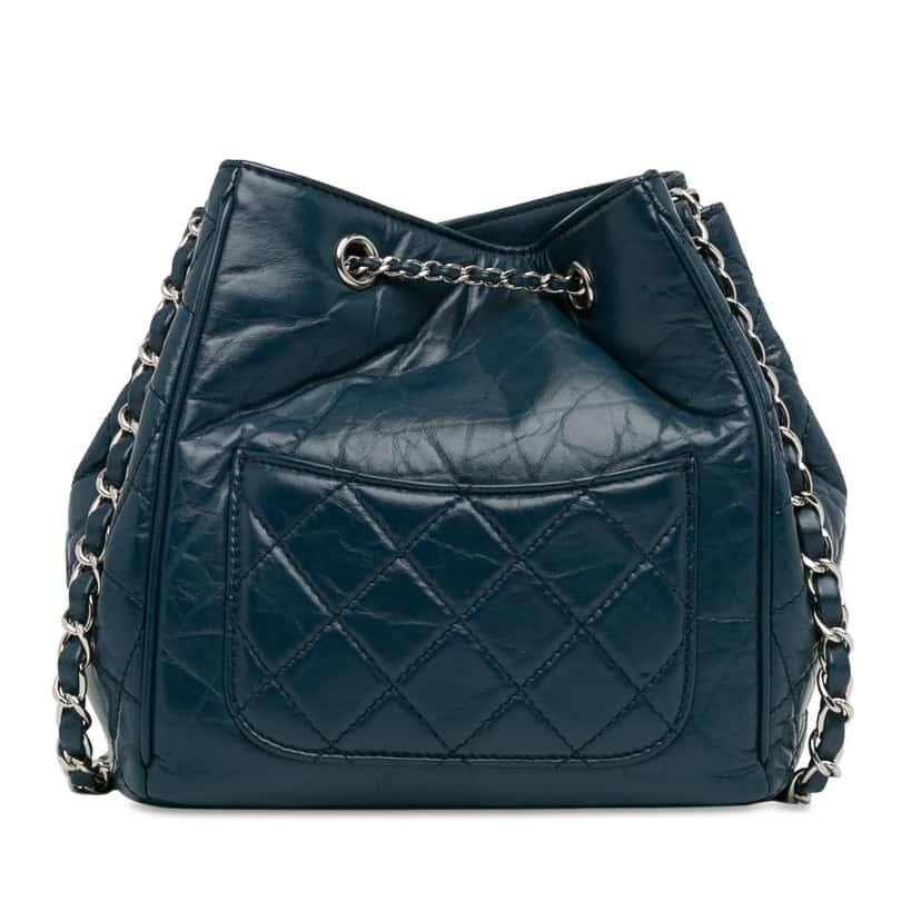 Chanel Aged Calfskin Drawstring Bucket Blue Leather Good condition - Inside View