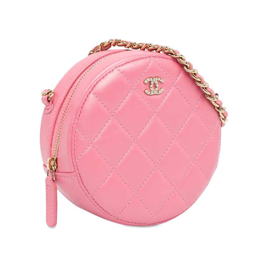 Chanel CC Quilted Lambskin Pearl Crush Round Clutch with Chain Pink Leather Good condition - Back View