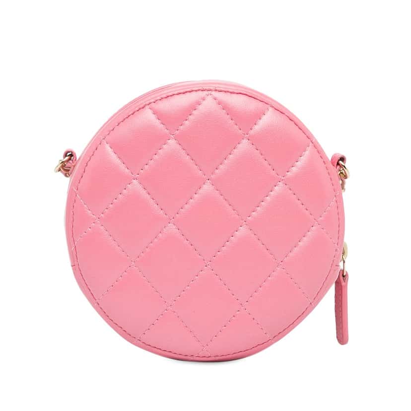 Chanel CC Quilted Lambskin Pearl Crush Round Clutch with Chain Pink Leather Good condition - Inside View