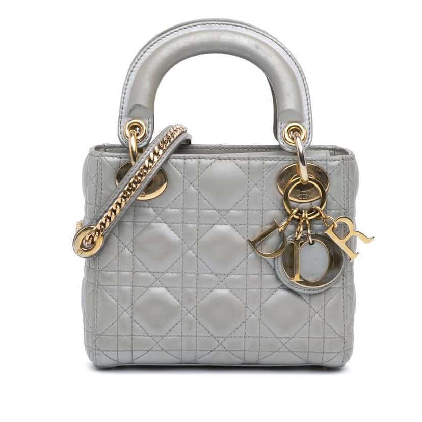 Dior Mini Metallic Lambskin Cannage Lady Dior Grey Leather Good condition - Front View