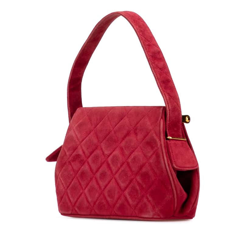 Chanel Quilted Suede Metal Frame Handbag Red Leather Very good condition - Back View