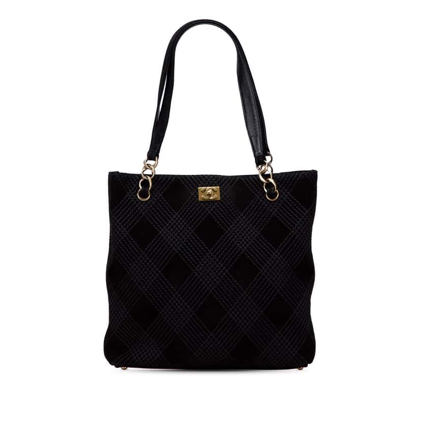 Chanel CC Stitched Suede Tote Black Leather Good condition - Front View