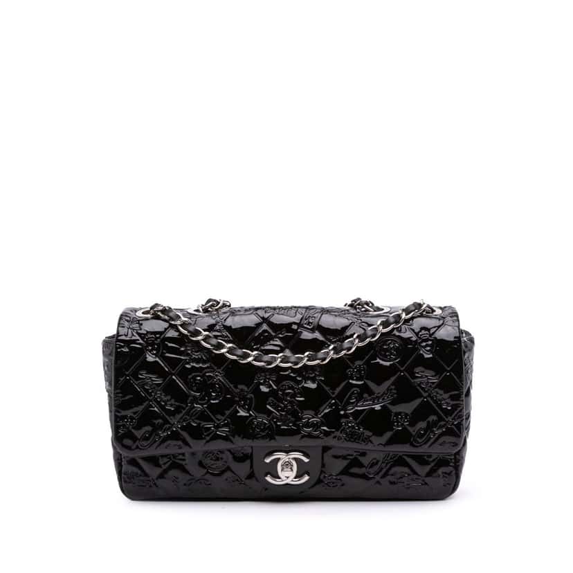 Chanel Medium Patent Lucky Symbols Flap Black Leather Good condition - Front View