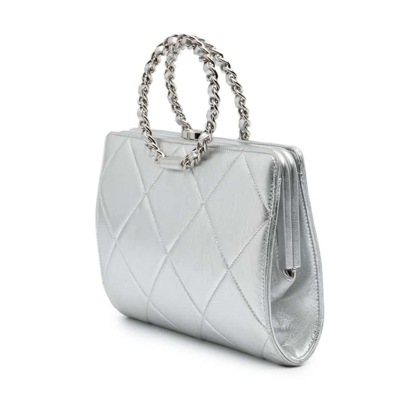 Chanel Quilted Metallic Crumpled Lambskin In The Loop Clutch Silver Leather Good condition - Back View
