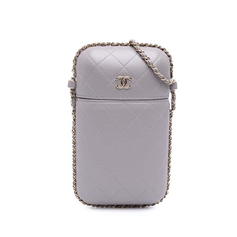 Chanel CC Quilted Lambskin Chain Around Phone Holder Grey Leather Good condition - Front View