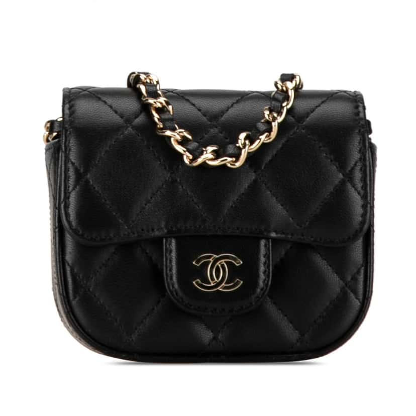 Chanel CC Quilted Lambskin Flap Card Holder On Chain Black Leather Good condition - Front View