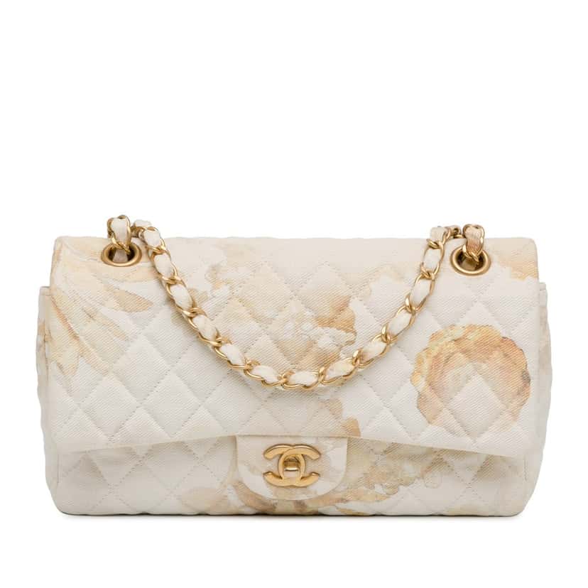 Chanel Medium Classic Printed Denim Floral Double Flap Brown Denim Good condition - Front View