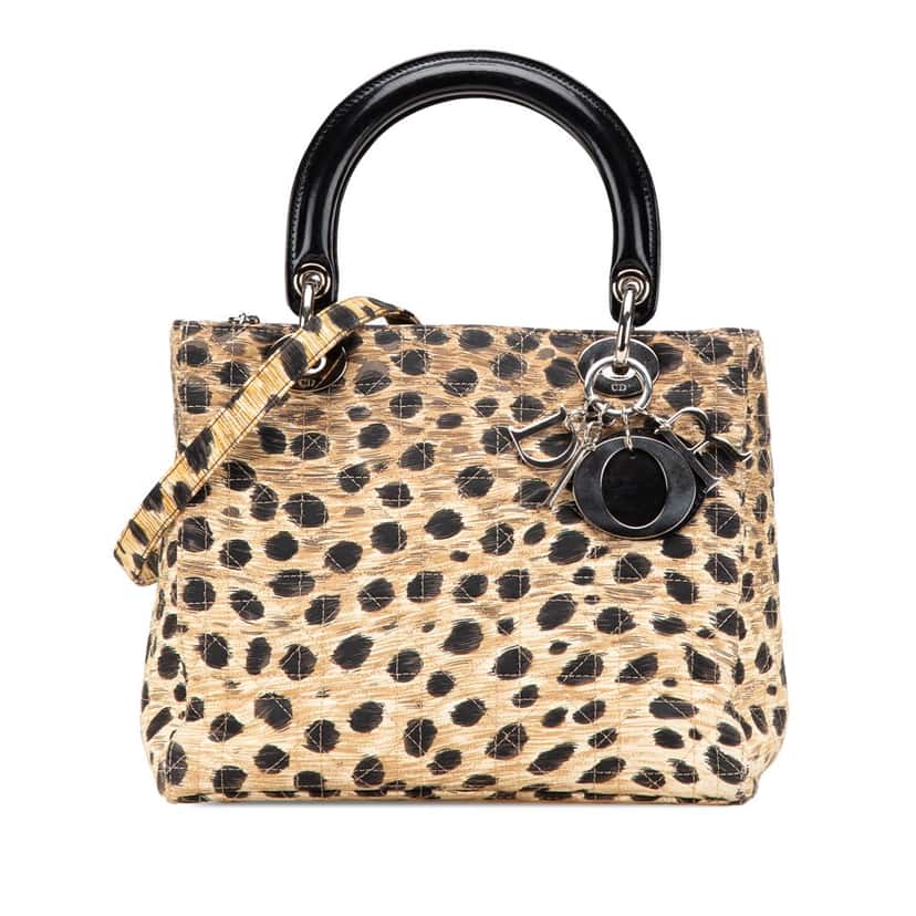 Dior Medium Canvas Cannage Leopard Print Lady Dior Brown Canvas Good condition - Front View