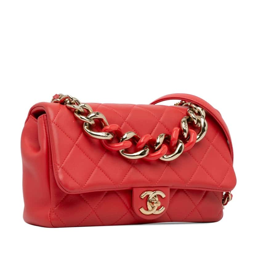 Chanel Small Lambskin Elegant Chain Single Flap Red Leather Good condition - Back View