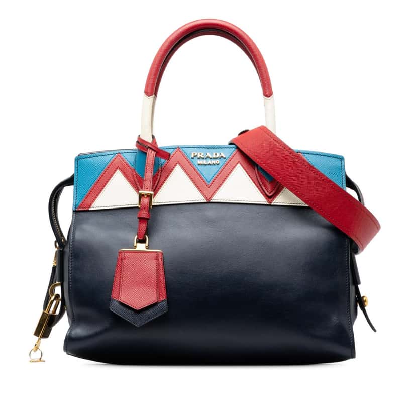 Prada Medium Saffiano Trimmed City Calf Greca Esplanade Satchel Blue Leather Good condition - Front View