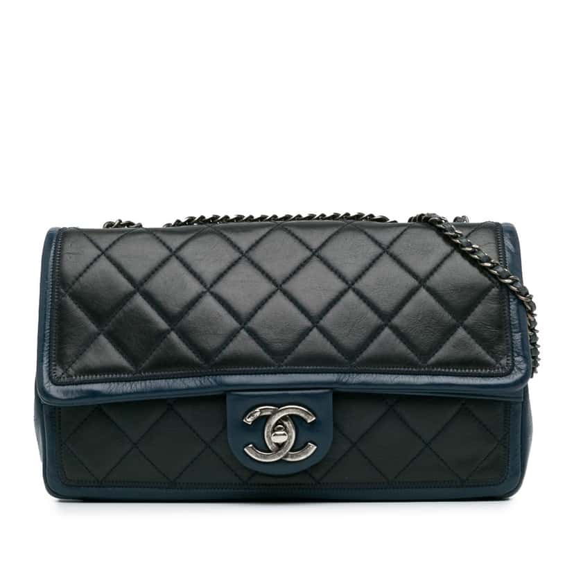 Chanel Medium Bicolor Lambskin Graphic Flap Black Leather Good condition - Front View
