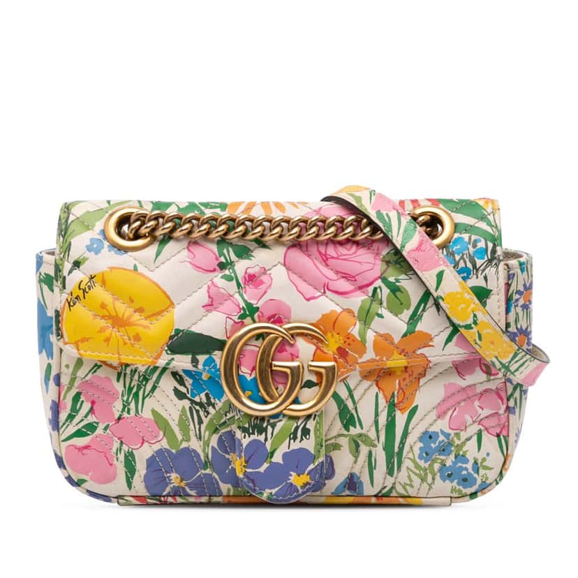 Gucci Ken Scott Mini GG Marmont Floral Printed Matelasse Leather Flap Crossbody White Leather Good condition - Front View