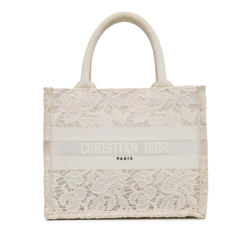 Dior Small D-Lace Embroidery Book Tote White Canvas Good condition - Front View